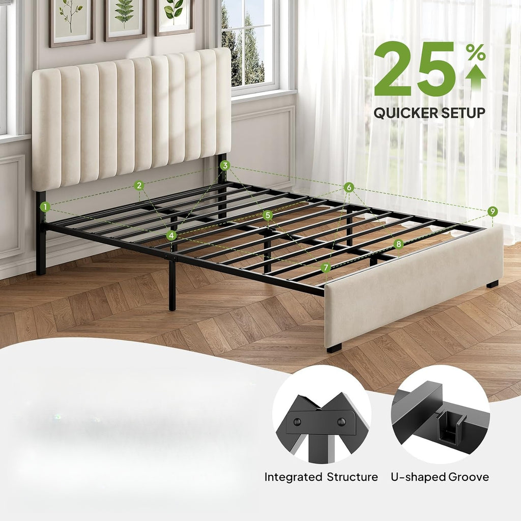 Tufted Velvet Queen Metal Bed Frame
