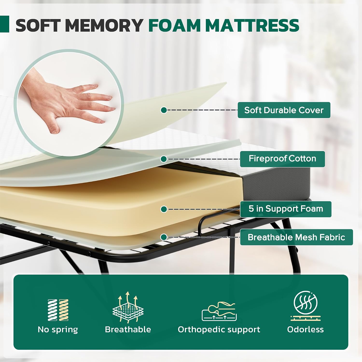 Metal Foam Wheeled Foldable Guest Bed