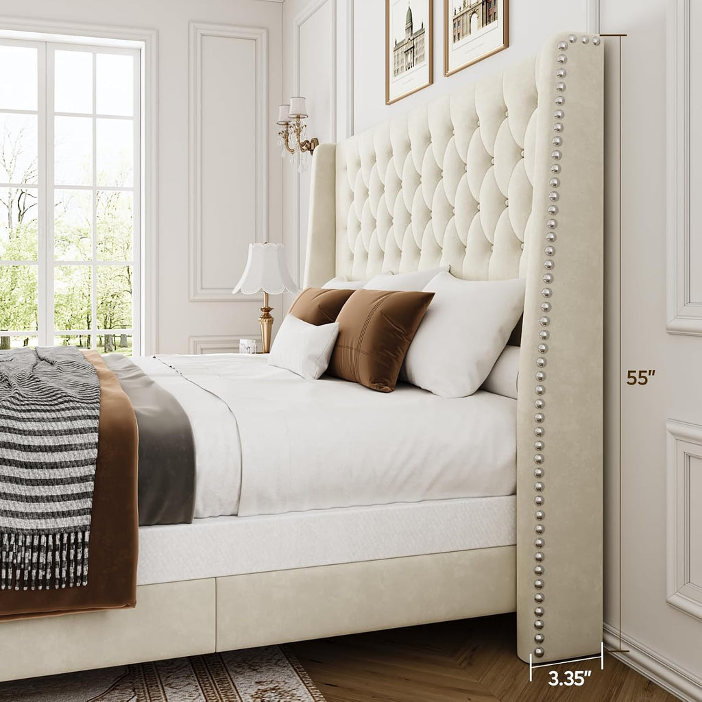 Tufted Velvet Wingback Queen Bed
