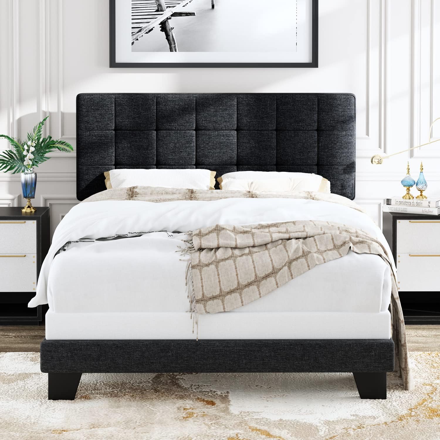 Stitched Grey Queen Fabric Panel Bed