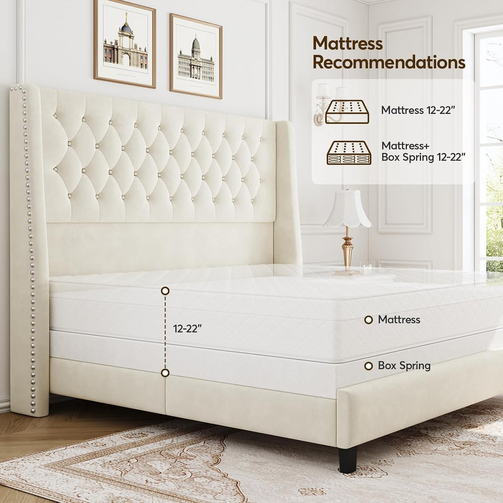Tufted Velvet Wingback Queen Bed