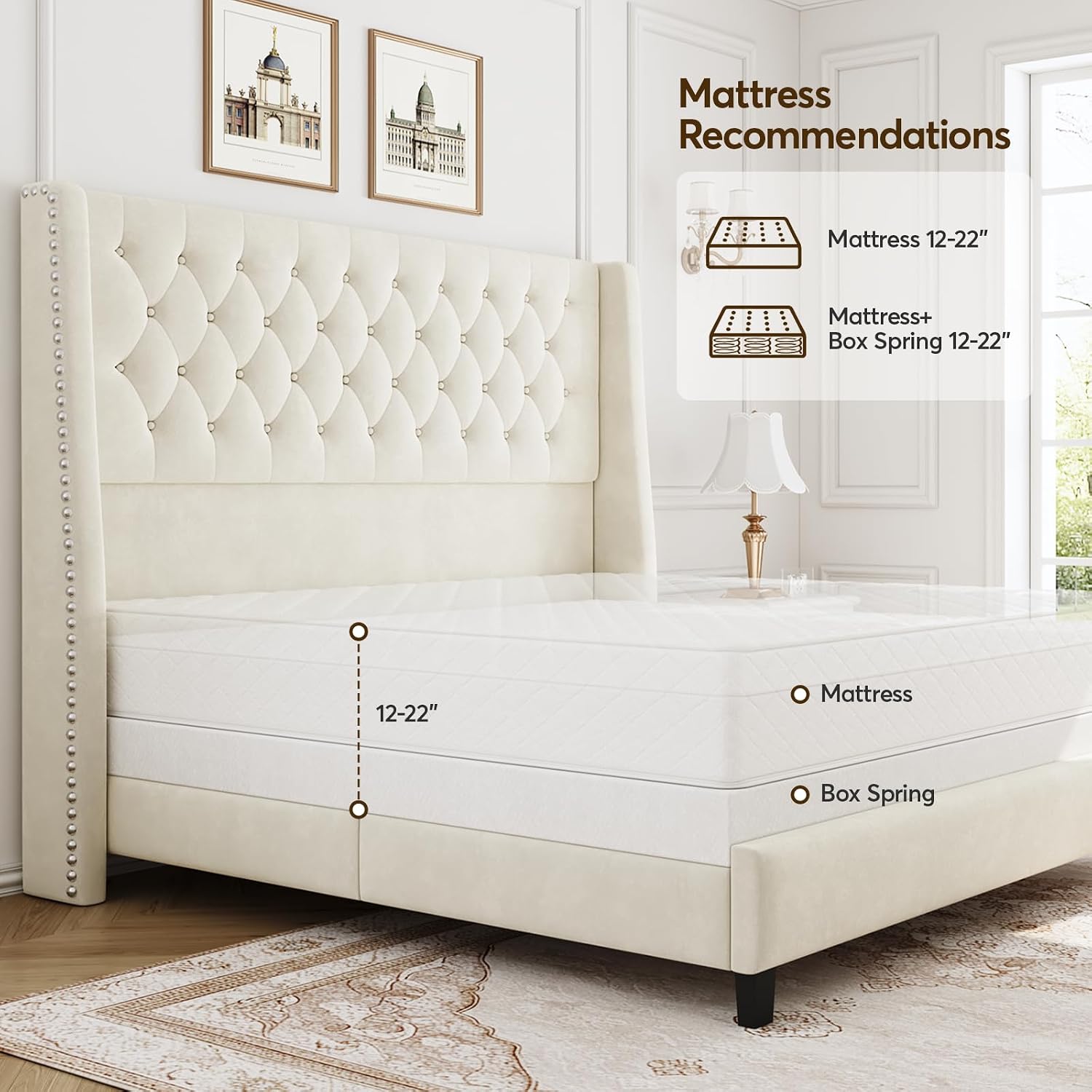 Tufted Velvet Wingback Queen Bed