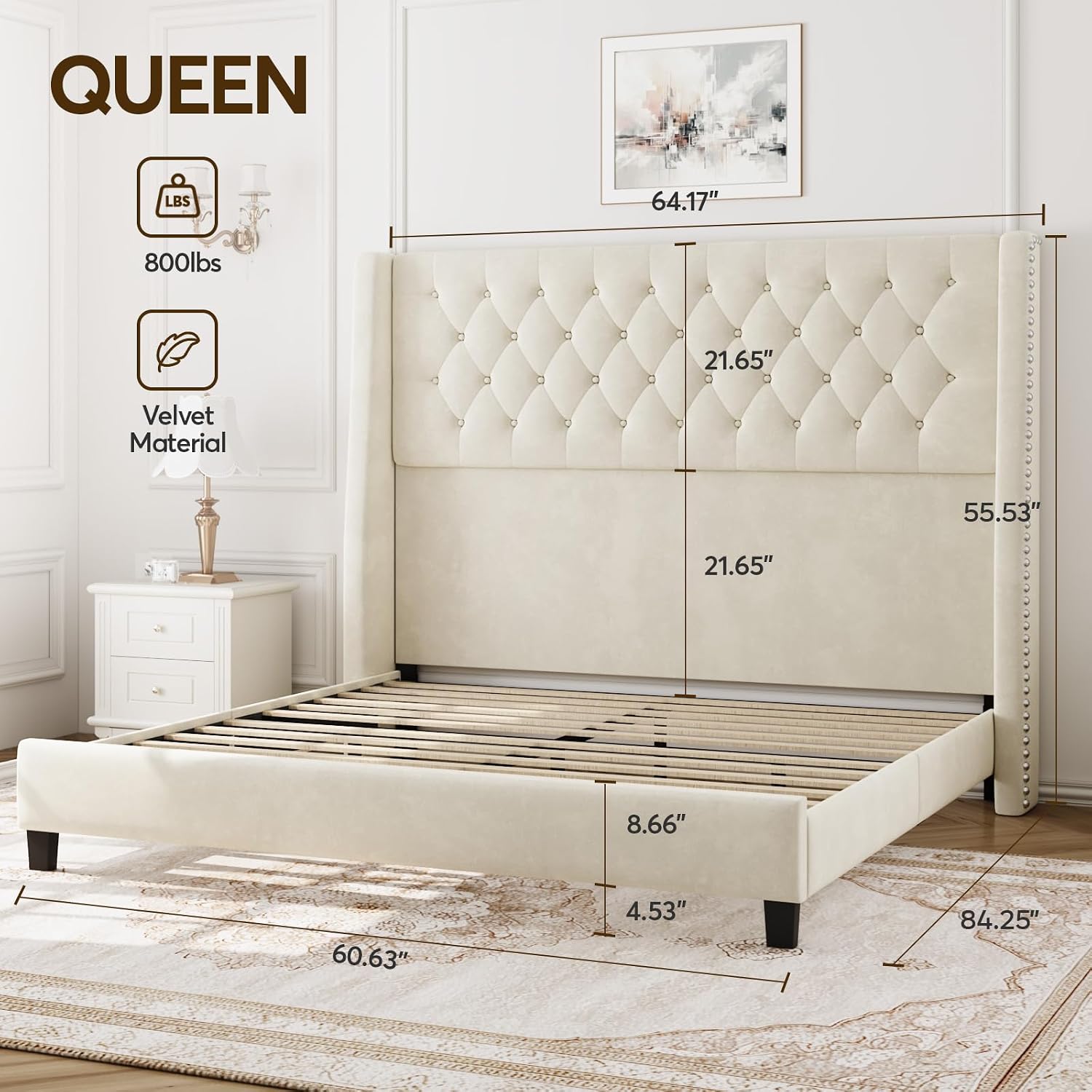 Tufted Velvet Wingback Queen Bed