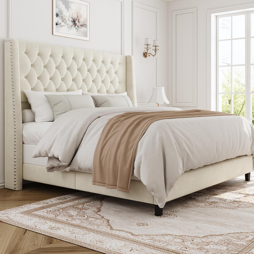 Tufted Velvet Wingback Queen Bed