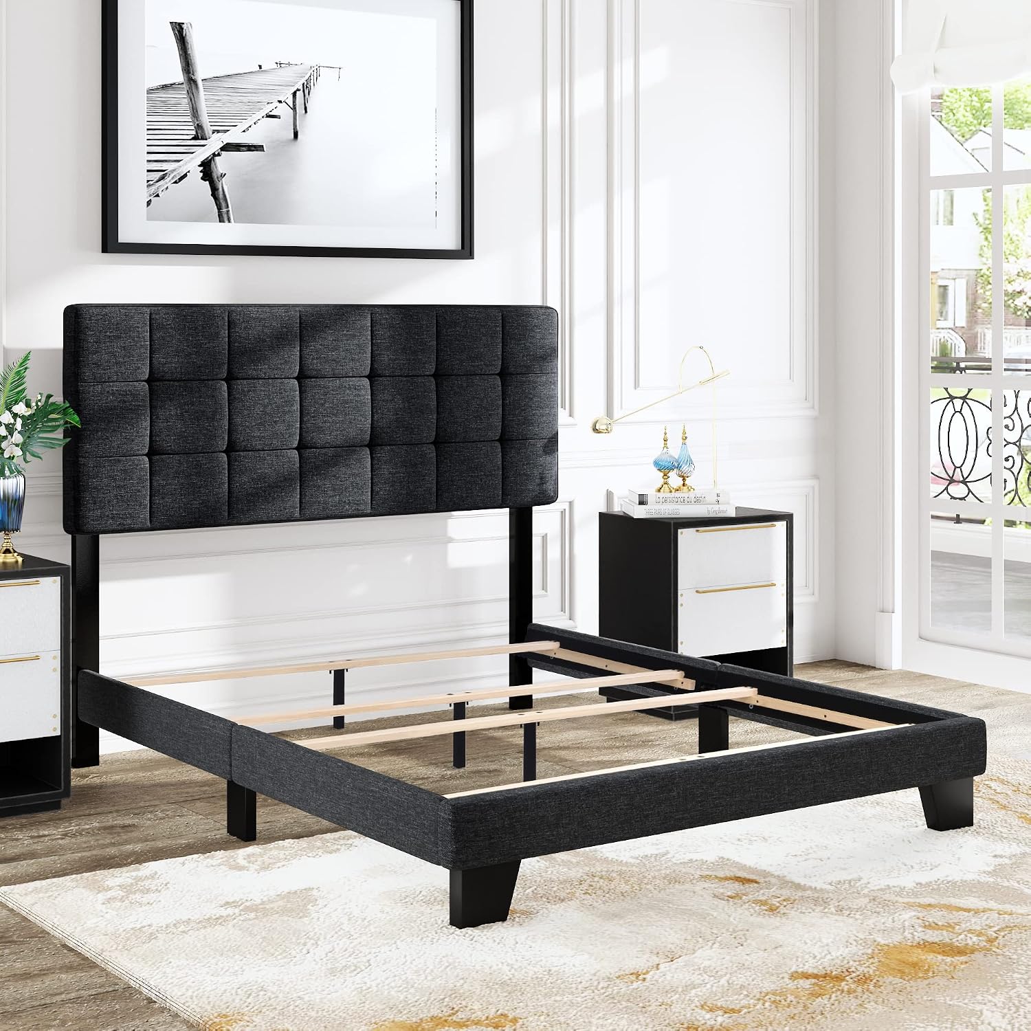 Stitched Grey Queen Fabric Panel Bed