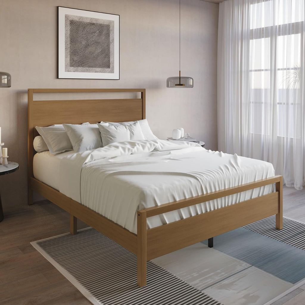 Light Oak Queen Wood Panel Bed