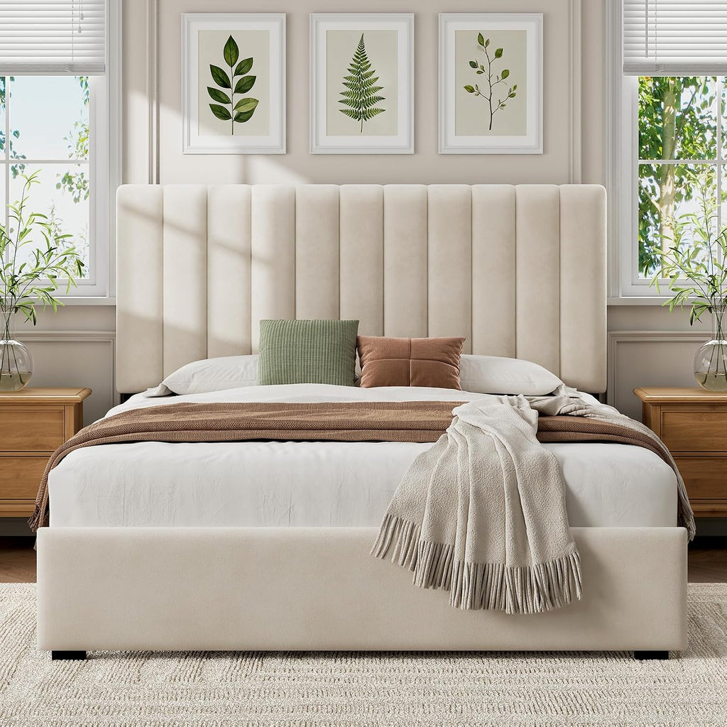 Tufted Velvet Queen Metal Bed Frame