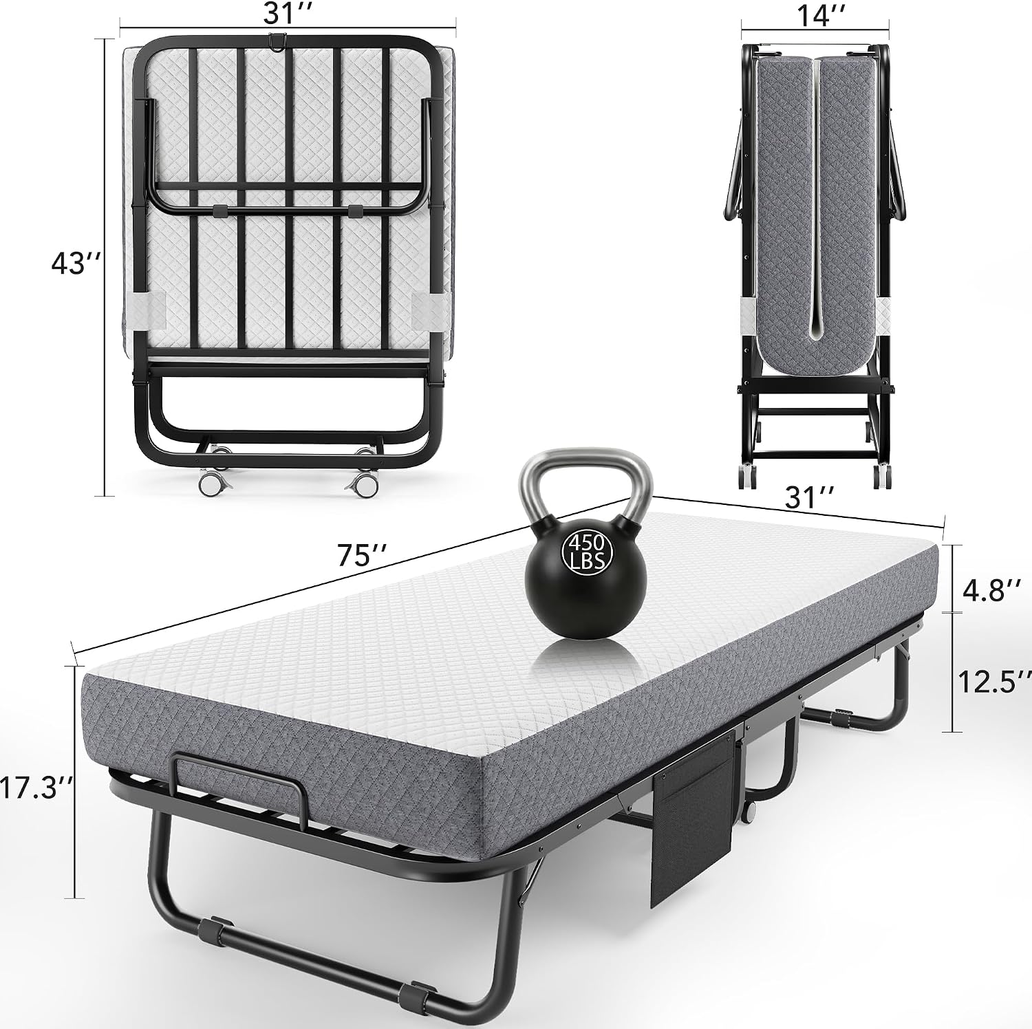 White Wheeled Foam Foldable Cot Bed