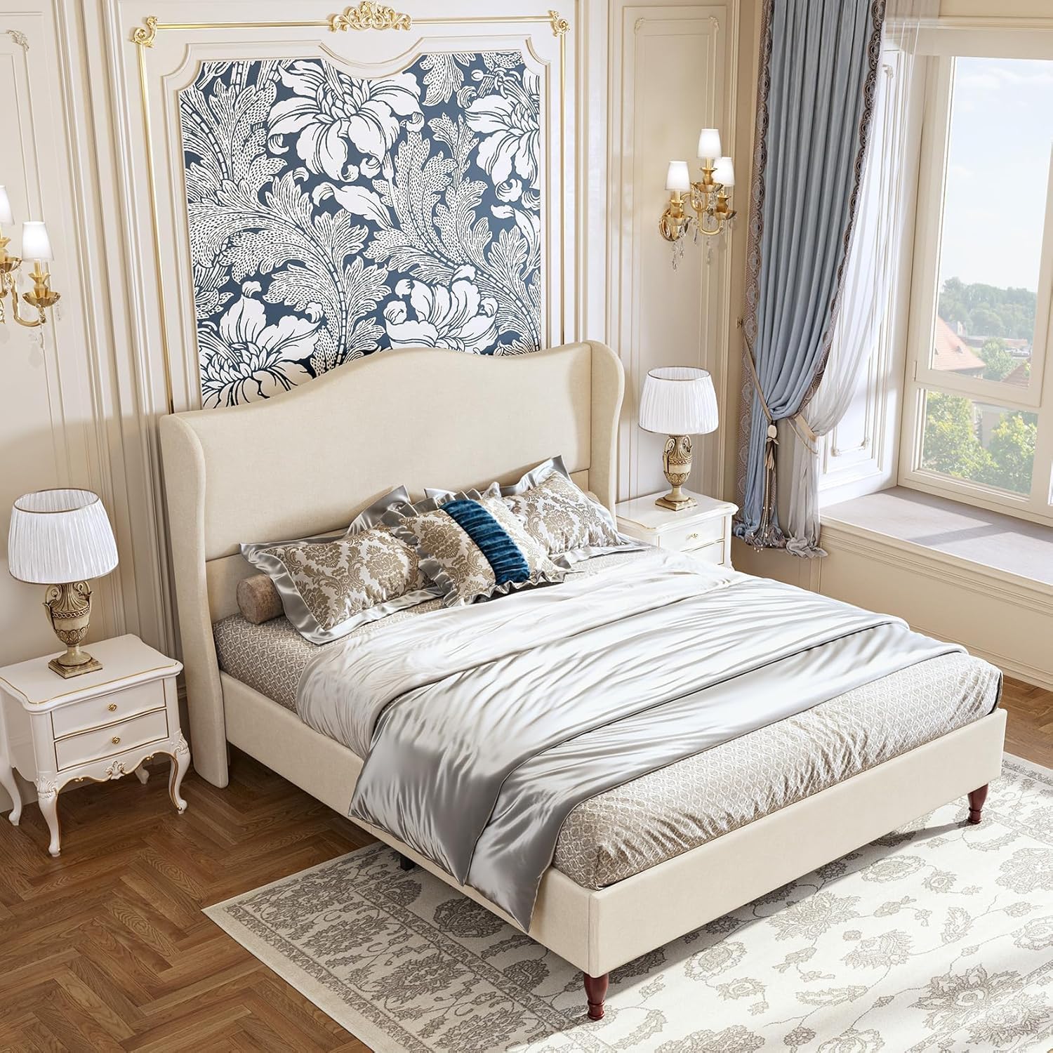 Wingback Tall King Fabric Platform Bed
