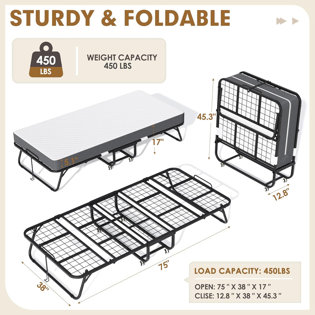 Metal Foam Wheeled Twin Fold Bed