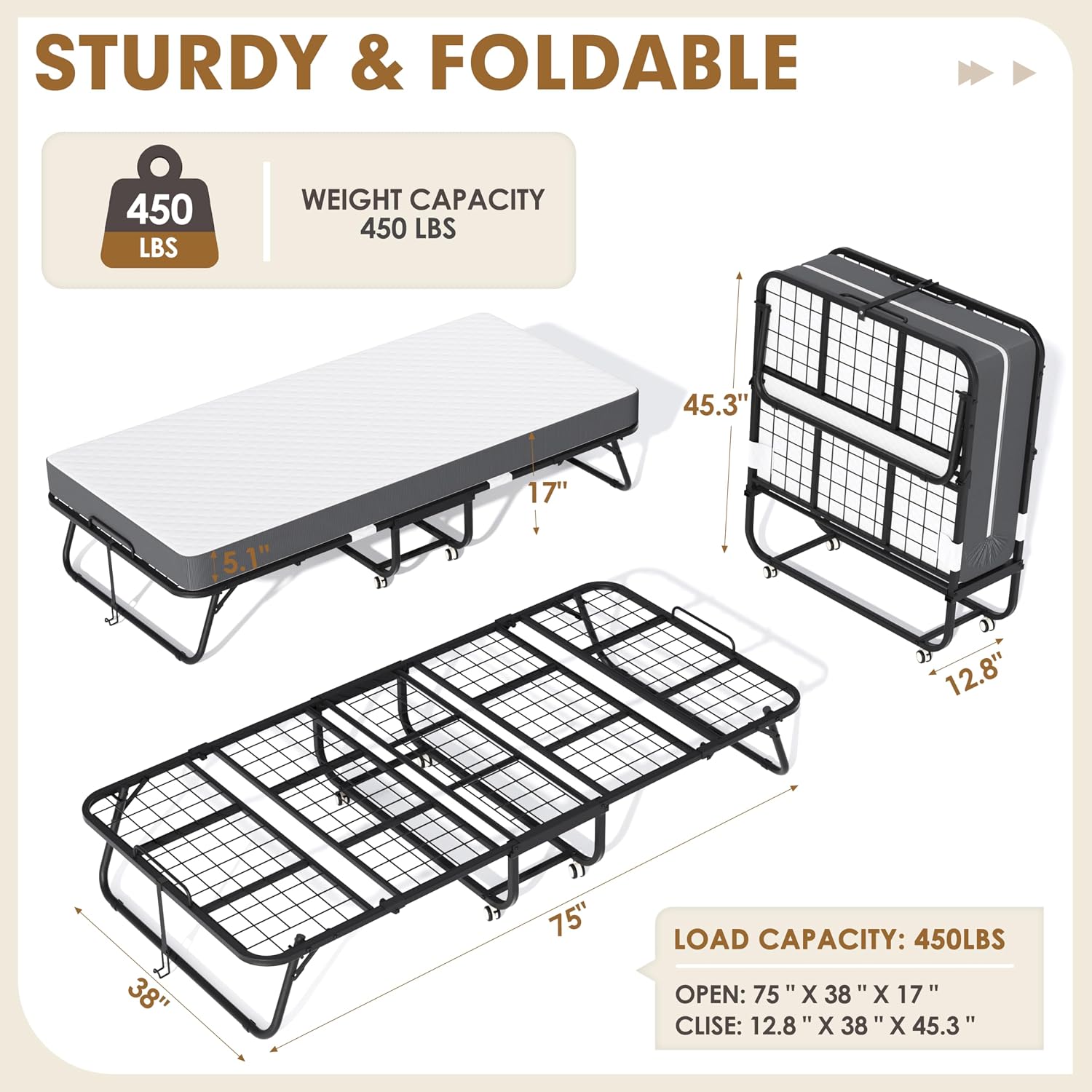 Metal Foam Wheeled Twin Fold Bed