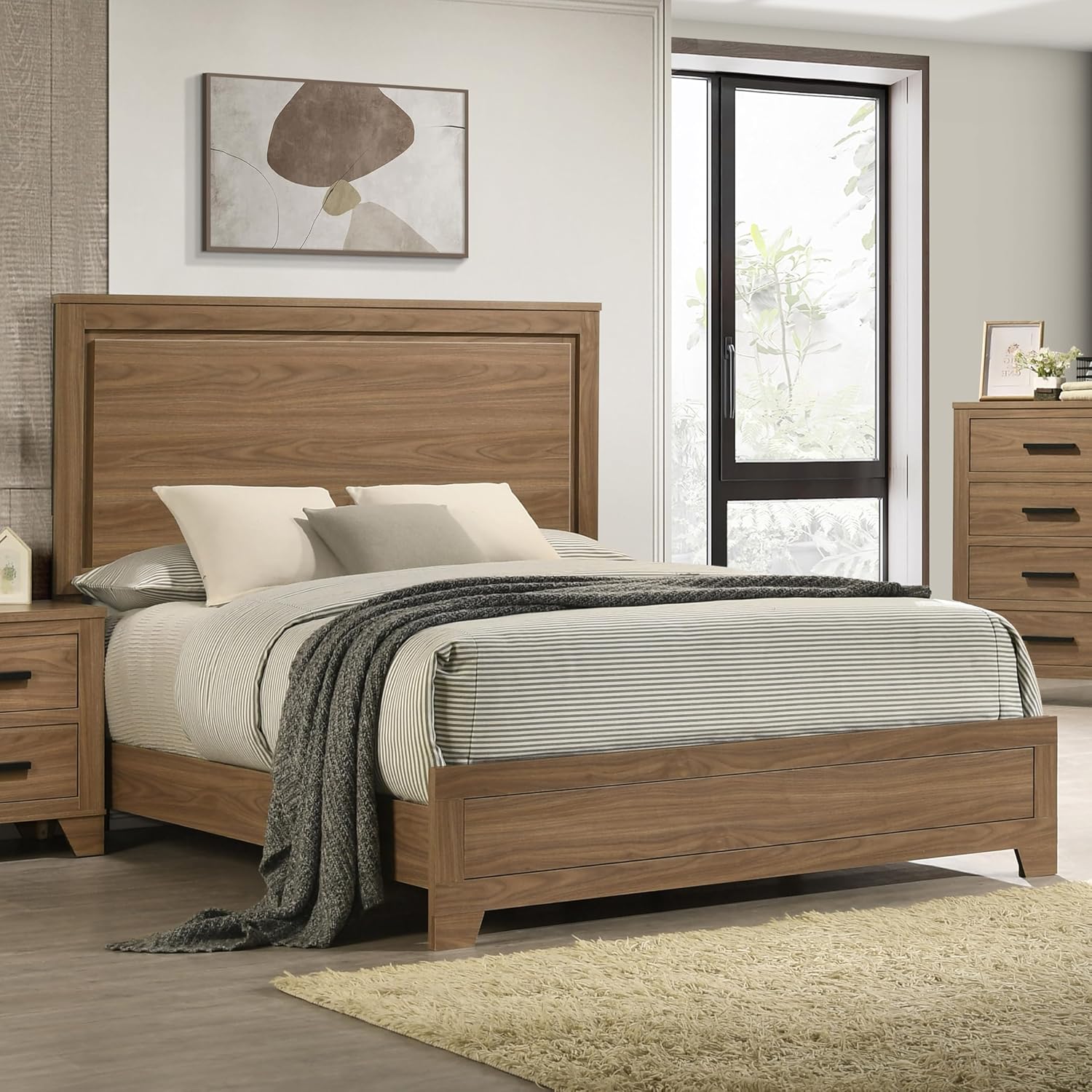 Brown Solid Wood Queen Panel Bed