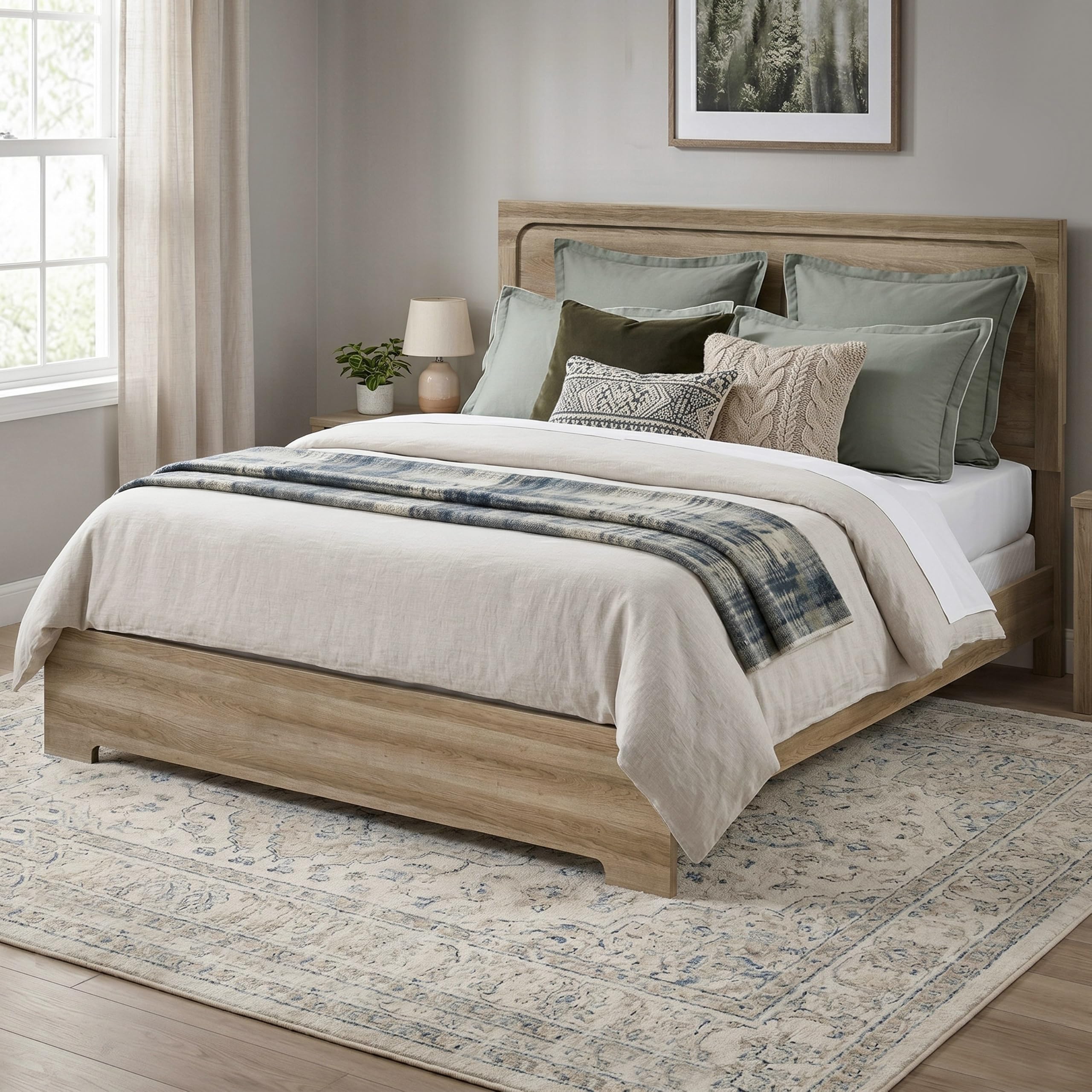 Oak Framed Queen Wood Panel Bed